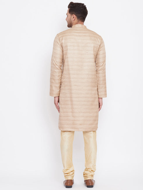 Vastramay Men's Beige And Gold Silk Blend Kurta Pyjama Set